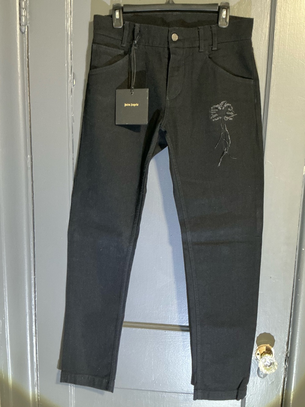 Palm Angels Black Skinny Jeans with Embroidered Flower